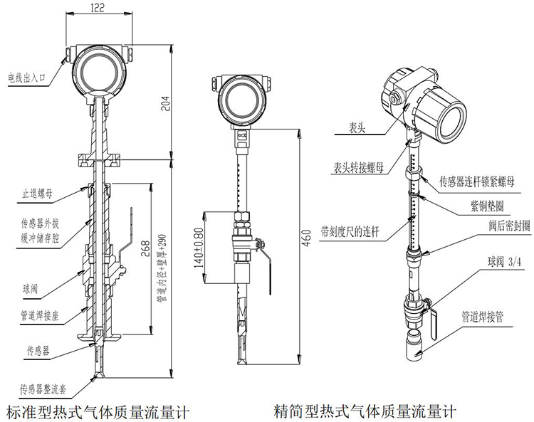 熱式氣體質(zhì)量流量計插入式結(jié)構(gòu)尺寸圖